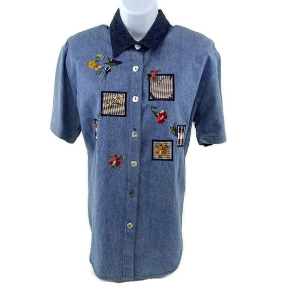 Teddi Tops - Teddi Women's Denim Patchwork Button Up Shirt Small Short Sleeve Top Blue